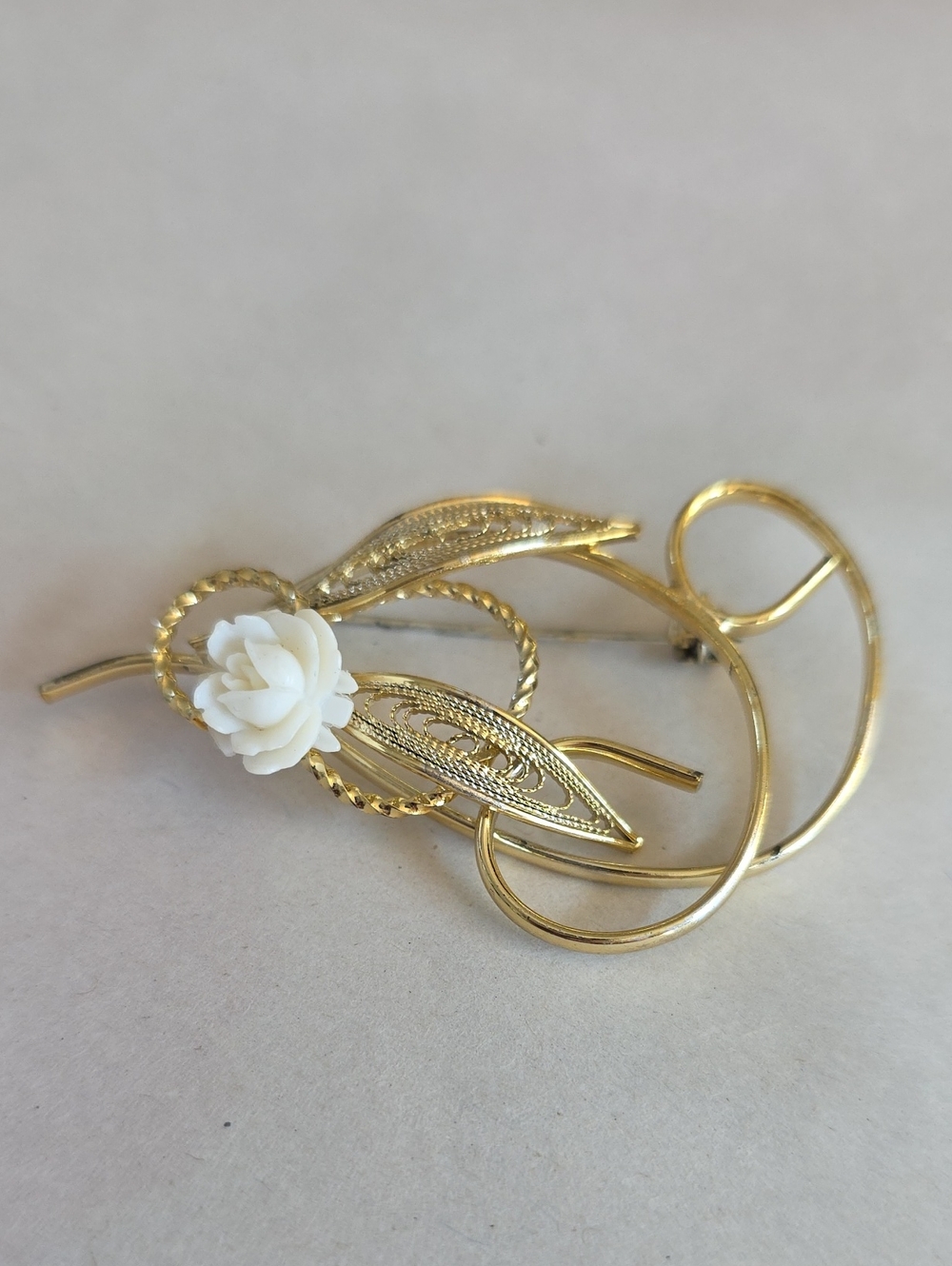 Gold-Tone Floral Rose Pin Brooch with White Resin Flower